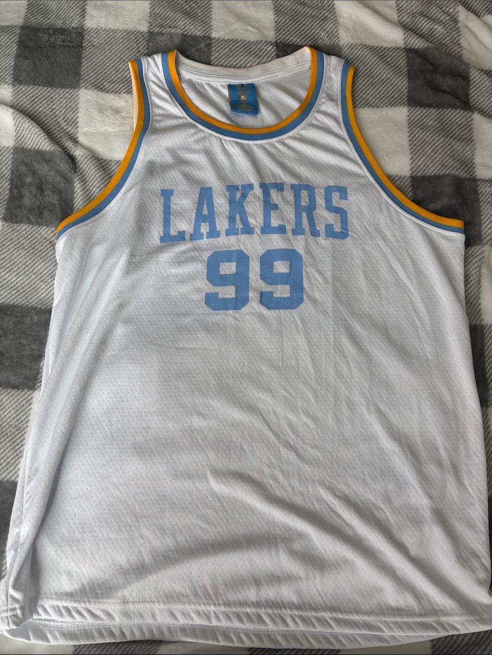 White Lakers #99 Basketball Jersey with Light Blue & Gold Trim